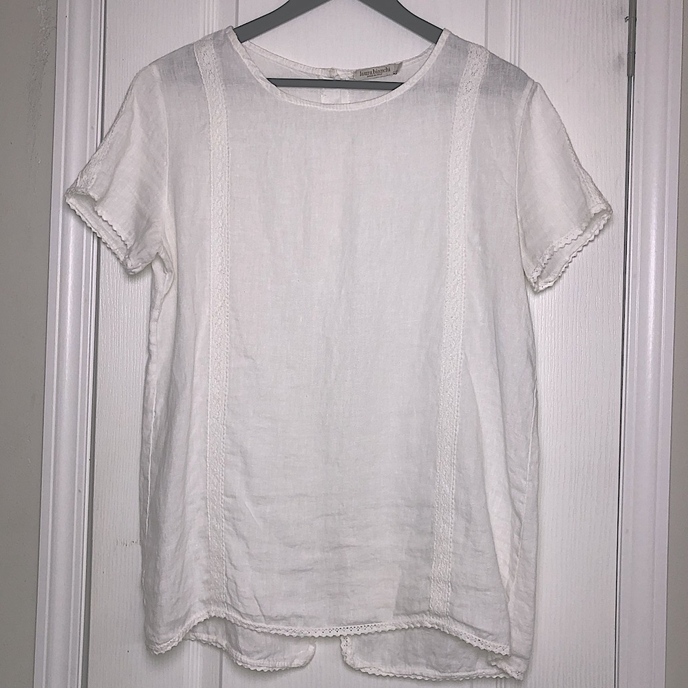 Laura Bianchi L 100% Linen Top White Italy Lace Button Back Boho Lagenlook Beach